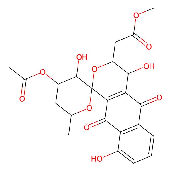 2D Structure of Methyl 2-(4'-acetyloxy-3',4,9-trihydroxy-6'-methyl-5,10-dioxospiro[3,4-dihydrobenzo[g]isochromene-1,2'-oxane]-3-yl)acetate