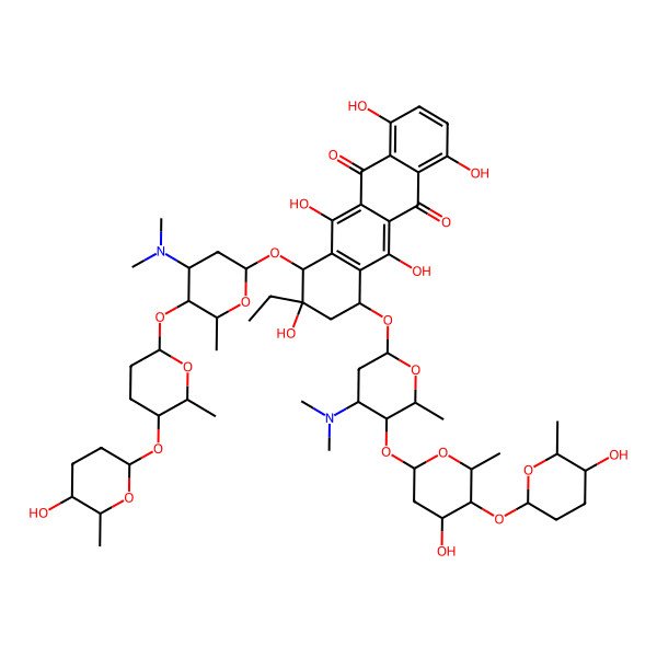 2D Structure of 7-[4-(dimethylamino)-5-[4-hydroxy-5-(5-hydroxy-6-methyloxan-2-yl)oxy-6-methyloxan-2-yl]oxy-6-methyloxan-2-yl]oxy-10-[4-(dimethylamino)-5-[5-(5-hydroxy-6-methyloxan-2-yl)oxy-6-methyloxan-2-yl]oxy-6-methyloxan-2-yl]oxy-9-ethyl-1,4,6,9,11-pentahydroxy-8,10-dihydro-7H-tetracene-5,12-dione