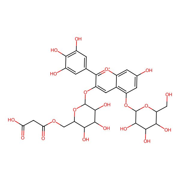 2D Structure of 3-oxo-3-[[(2R,3S,4S,5S,6S)-3,4,5-trihydroxy-6-[7-hydroxy-5-[(2S,3R,4S,5S,6R)-3,4,5-trihydroxy-6-(hydroxymethyl)oxan-2-yl]oxy-2-(3,4,5-trihydroxyphenyl)chromenylium-3-yl]oxyoxan-2-yl]methoxy]propanoic acid