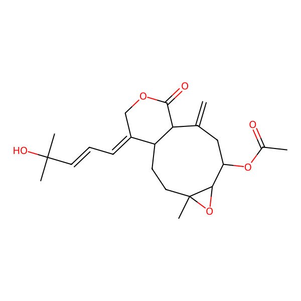 2D Structure of [(1S,4S,6S,7R,10R,14E)-14-[(E)-4-hydroxy-4-methylpent-2-enylidene]-4-methyl-9-methylidene-11-oxo-5,12-dioxatricyclo[8.4.0.04,6]tetradecan-7-yl] acetate