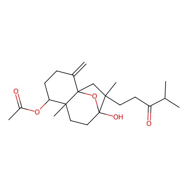 2D Structure of 3-Pentanone, 1-[1-(acetyloxy)decahydro-7-hydroxy-6,9a-dimethyl-4-methylene-4a,7-epoxy-4aH-benzocyclohepten-6-yl]-4-methyl-, (1alpha,4aalpha,6beta,7alpha,9abeta)-(-)-