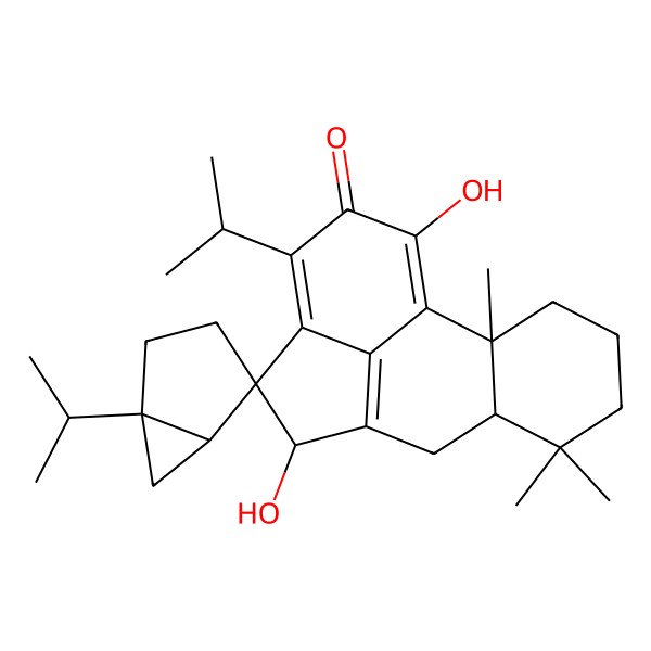 2D Structure of Spiro[acephenanthrylene-4(5H),2'-bicyclo[3.1.0]hexan]-2(6H)-one, 6a,7,8,9,10,10a-hexahydro-1,5-dihydroxy-7,7,10a-trimethyl-3,5'-bis(1-methylethyl)-, (1'S,2'S,5R,5'R,6aS,10aS)-