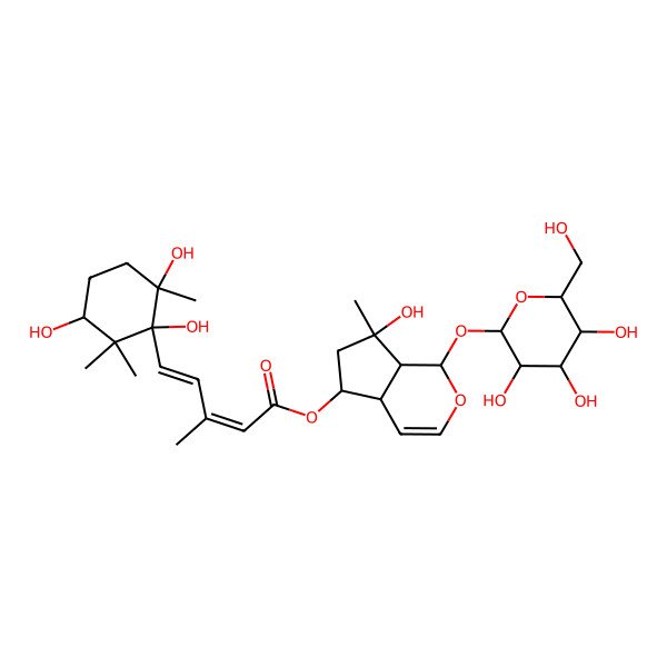 2D Structure of [7-hydroxy-7-methyl-1-[3,4,5-trihydroxy-6-(hydroxymethyl)oxan-2-yl]oxy-4a,5,6,7a-tetrahydro-1H-cyclopenta[c]pyran-5-yl] 3-methyl-5-(1,3,6-trihydroxy-2,2,6-trimethylcyclohexyl)penta-2,4-dienoate