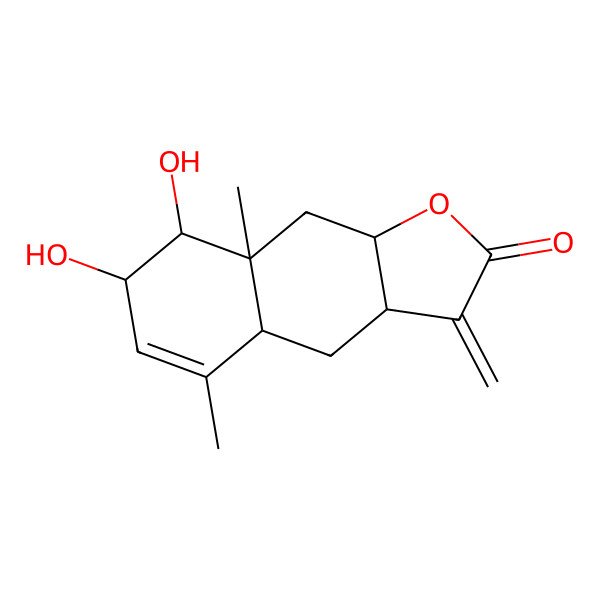 2D Structure of (3aS,4aS,7R,8R,8aR,9aS)-7,8-dihydroxy-5,8a-dimethyl-3-methylidene-4,4a,7,8,9,9a-hexahydro-3aH-benzo[f][1]benzofuran-2-one