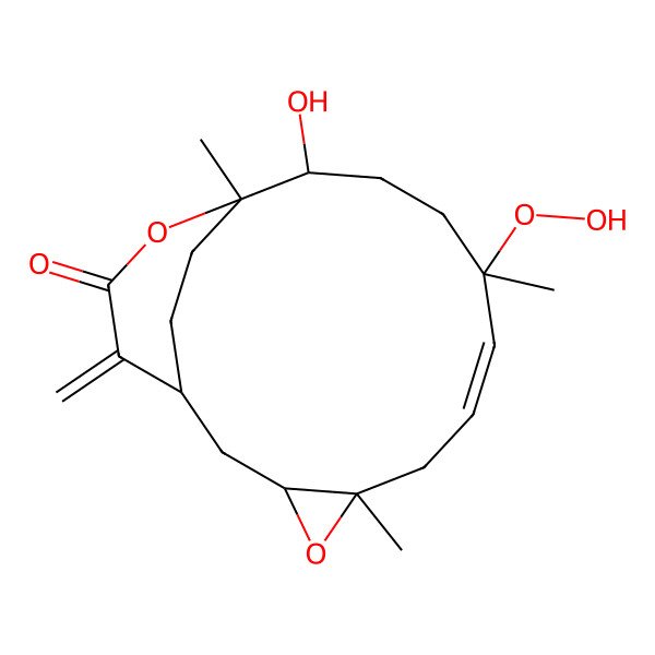 2D Structure of 9-Hydroperoxy-12-hydroxy-5,9,13-trimethyl-16-methylidene-4,14-dioxatricyclo[11.3.2.03,5]octadec-7-en-15-one