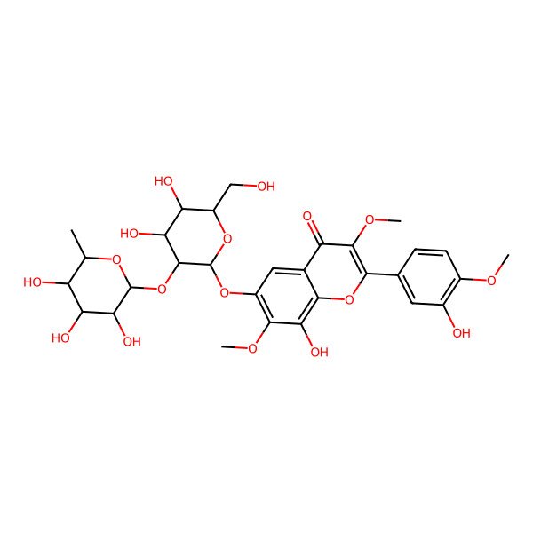 2D Structure of 6-[(2S,3R,4S,5S,6R)-4,5-dihydroxy-6-(hydroxymethyl)-3-[(2S,3R,4R,5R,6S)-3,4,5-trihydroxy-6-methyloxan-2-yl]oxyoxan-2-yl]oxy-8-hydroxy-2-(3-hydroxy-4-methoxyphenyl)-3,7-dimethoxychromen-4-one