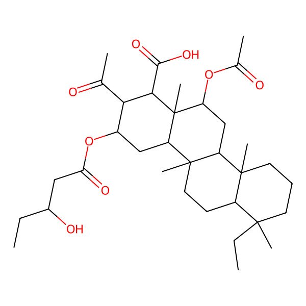 2D Structure of 2-Acetyl-12-acetyloxy-7-ethyl-3-(3-hydroxypentanoyloxy)-4b,7,10a,12a-tetramethyl-1,2,3,4,4a,5,6,6a,8,9,10,10b,11,12-tetradecahydrochrysene-1-carboxylic acid