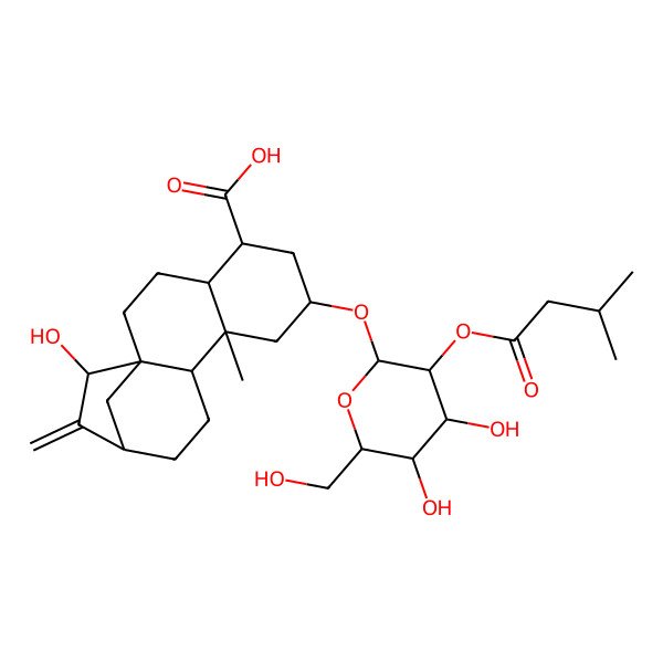 2D Structure of (1R,4R,5R,7R,9R,10S,13R,15S)-7-[(2R,3R,4S,5S,6R)-4,5-dihydroxy-6-(hydroxymethyl)-3-(3-methylbutanoyloxy)oxan-2-yl]oxy-15-hydroxy-9-methyl-14-methylidenetetracyclo[11.2.1.01,10.04,9]hexadecane-5-carboxylic acid
