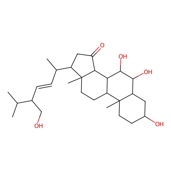 2D Structure of (3S,5S,6R,7R,8R,9S,10R,13R,14R,17R)-3,6,7-trihydroxy-17-[(E,2R,5R)-5-(hydroxymethyl)-6-methylhept-3-en-2-yl]-10,13-dimethyl-1,2,3,4,5,6,7,8,9,11,12,14,16,17-tetradecahydrocyclopenta[a]phenanthren-15-one