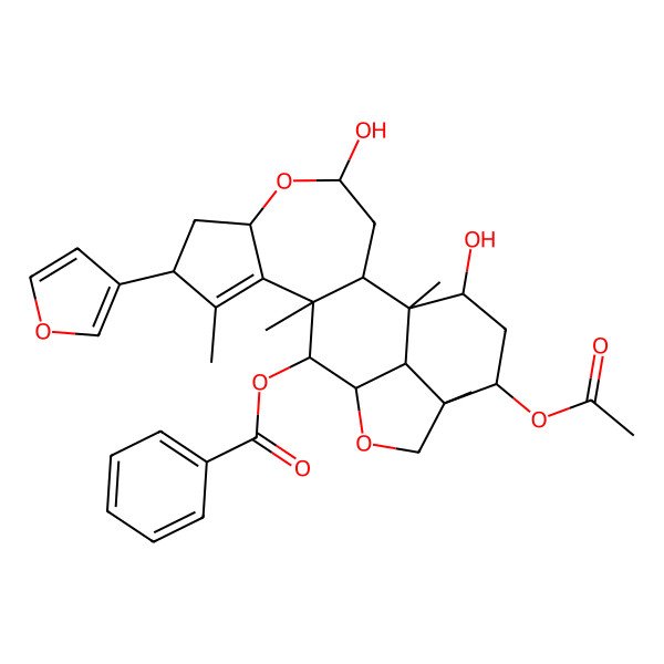 2D Structure of [17-Acetyloxy-8-(furan-3-yl)-4,19-dihydroxy-1,9,11,16-tetramethyl-5,14-dioxapentacyclo[11.6.1.02,11.06,10.016,20]icos-9-en-12-yl] benzoate