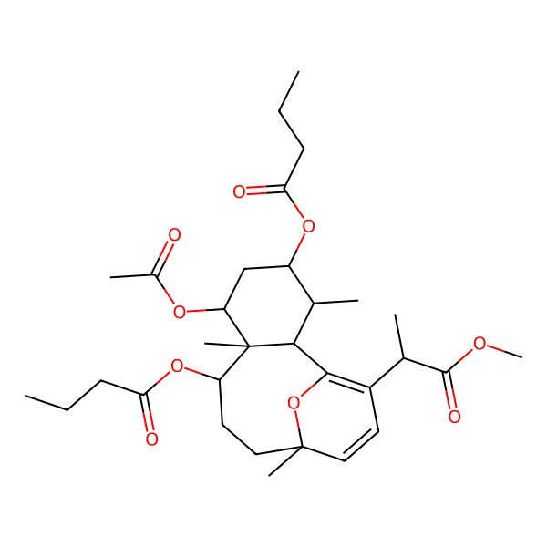 2D Structure of [(2S,3S,4R,6S,7S,8R,11R)-6-acetyloxy-4-butanoyloxy-14-[(2R)-1-methoxy-1-oxopropan-2-yl]-3,7,11-trimethyl-15-oxatricyclo[9.3.1.02,7]pentadeca-1(14),12-dien-8-yl] butanoate