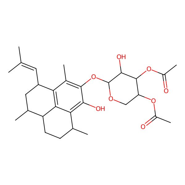 2D Structure of [(3S,4R,5R,6R)-4-acetyloxy-6-[[(4S,6S,6aR,9S)-1-hydroxy-3,6,9-trimethyl-4-(2-methylprop-1-enyl)-5,6,6a,7,8,9-hexahydro-4H-phenalen-2-yl]oxy]-5-hydroxyoxan-3-yl] acetate