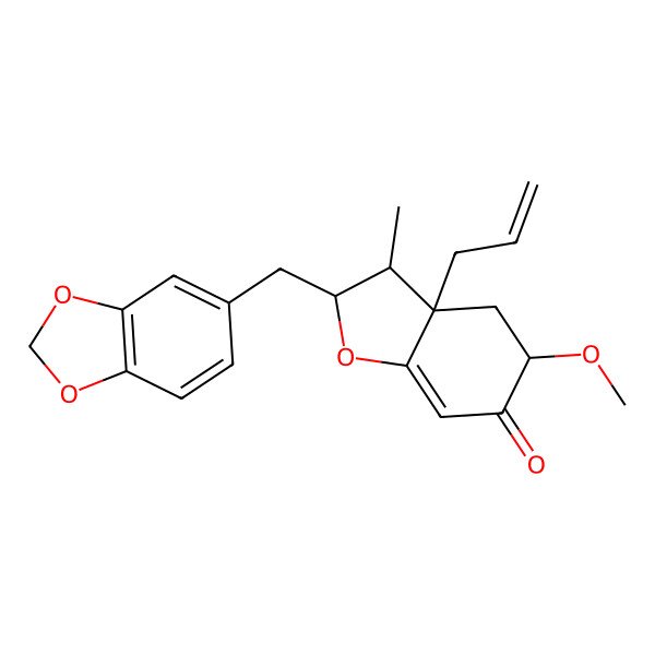2D Structure of (2S,3R,3aR,5R)-2-(1,3-benzodioxol-5-ylmethyl)-5-methoxy-3-methyl-3a-prop-2-enyl-2,3,4,5-tetrahydro-1-benzofuran-6-one 2D Structure of (2S,3R,3aR,5R)-2-(1,3-benzodioxol-5-ylmethyl)-5-methoxy-3-methyl-3a-prop-2-enyl-2,3,4,5-tetrahydro-1-benzofuran-6-one