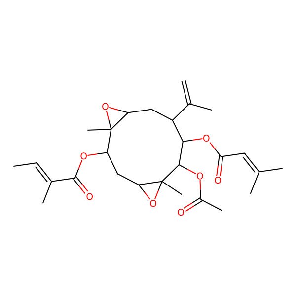 2D Structure of [7-Acetyloxy-1,6-dimethyl-8-(3-methylbut-2-enoyloxy)-9-prop-1-en-2-yl-5,12-dioxatricyclo[9.1.0.04,6]dodecan-2-yl] 2-methylbut-2-enoate