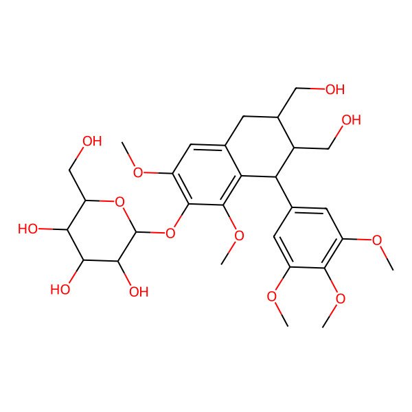2D Structure of 2-[[6,7-Bis(hydroxymethyl)-1,3-dimethoxy-8-(3,4,5-trimethoxyphenyl)-5,6,7,8-tetrahydronaphthalen-2-yl]oxy]-6-(hydroxymethyl)oxane-3,4,5-triol