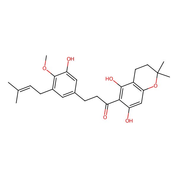 2D Structure of 1-(5,7-Dihydroxy-2,2-dimethyl-3,4-dihydrochromen-6-yl)-3-[3-hydroxy-4-methoxy-5-(3-methylbut-2-enyl)phenyl]propan-1-one