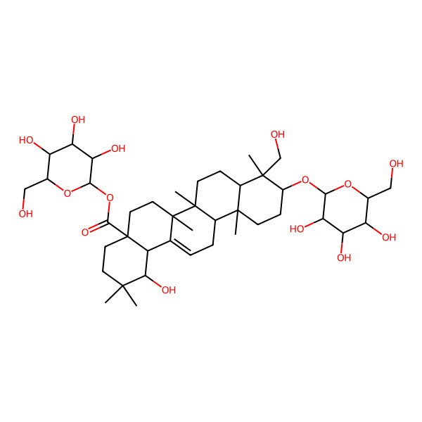 2D Structure of [3,4,5-Trihydroxy-6-(hydroxymethyl)oxan-2-yl] 1-hydroxy-9-(hydroxymethyl)-2,2,6a,6b,9,12a-hexamethyl-10-[3,4,5-trihydroxy-6-(hydroxymethyl)oxan-2-yl]oxy-1,3,4,5,6,6a,7,8,8a,10,11,12,13,14b-tetradecahydropicene-4a-carboxylate