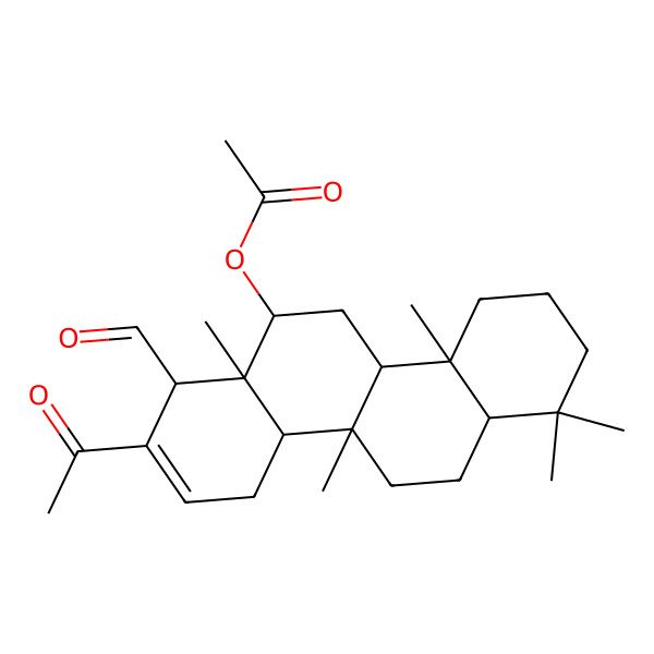 2D Structure of [(4aS,4bR,6S,6aS,7R,10aS,10bR,12aS)-8-acetyl-7-formyl-1,1,4a,6a,10b-pentamethyl-2,3,4,4b,5,6,7,10,10a,11,12,12a-dodecahydrochrysen-6-yl] acetate