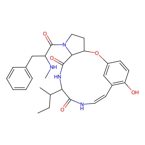 2D Structure of 10-Butan-2-yl-16-hydroxy-6-[2-(methylamino)-3-phenylpropanoyl]-2-oxa-6,9,12-triazatricyclo[13.3.1.03,7]nonadeca-1(19),13,15,17-tetraene-8,11-dione