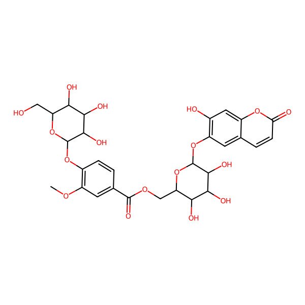 2D Structure of [(2R,3S,4S,5R,6S)-3,4,5-trihydroxy-6-(7-hydroxy-2-oxochromen-6-yl)oxyoxan-2-yl]methyl 3-methoxy-4-[(2S,3R,4S,5S,6R)-3,4,5-trihydroxy-6-(hydroxymethyl)oxan-2-yl]oxybenzoate