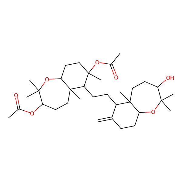 2D Structure of [(3S,5aS,6S,7R,9aS)-6-[2-[(3S,5aS,6R,9aS)-3-hydroxy-2,2,5a-trimethyl-7-methylidene-4,5,6,8,9,9a-hexahydro-3H-benzo[b]oxepin-6-yl]ethyl]-7-acetyloxy-2,2,5a,7-tetramethyl-4,5,6,8,9,9a-hexahydro-3H-benzo[b]oxepin-3-yl] acetate