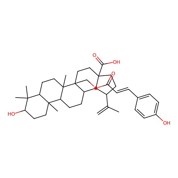 2D Structure of 9-Hydroxy-5a-[3-(4-hydroxyphenyl)prop-2-enoyloxymethyl]-5b,8,8,11a-tetramethyl-1-prop-1-en-2-yl-1,2,3,4,5,6,7,7a,9,10,11,11b,12,13,13a,13b-hexadecahydrocyclopenta[a]chrysene-3a-carboxylic acid