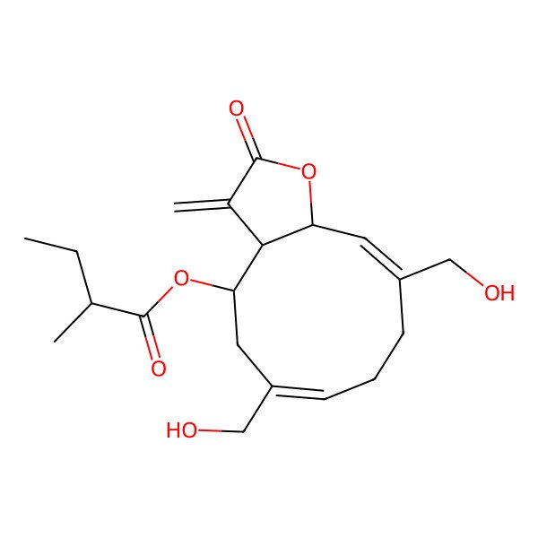 2D Structure of [(3aR,4R,6E,10E,11aR)-6,10-bis(hydroxymethyl)-3-methylidene-2-oxo-3a,4,5,8,9,11a-hexahydrocyclodeca[b]furan-4-yl] (2R)-2-methylbutanoate