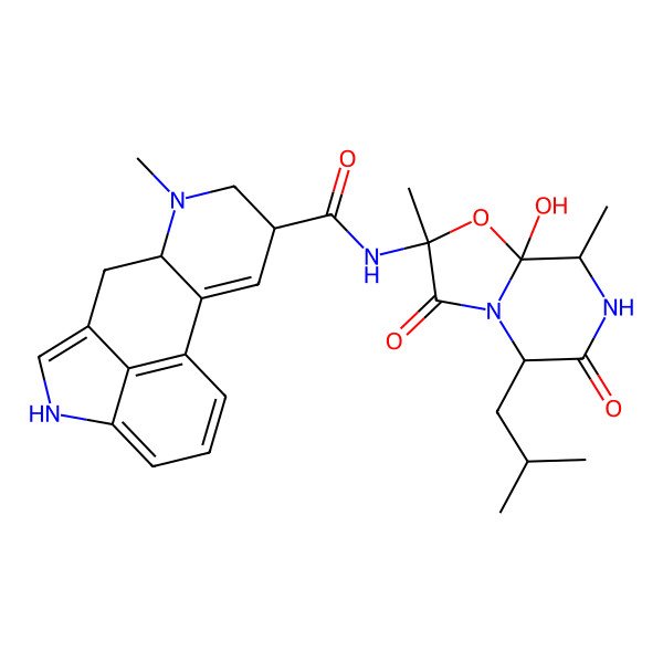 2D Structure of (6aR,9S)-N-[(2R,5S,8S,8aS)-8a-hydroxy-2,8-dimethyl-5-(2-methylpropyl)-3,6-dioxo-7,8-dihydro-5H-[1,3]oxazolo[3,2-a]pyrazin-2-yl]-7-methyl-6,6a,8,9-tetrahydro-4H-indolo[4,3-fg]quinoline-9-carboxamide