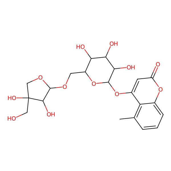 2D Structure of 4-[(2R,3S,4R,5R,6S)-6-[[(2S,3S,4S)-3,4-dihydroxy-4-(hydroxymethyl)oxolan-2-yl]oxymethyl]-3,4,5-trihydroxyoxan-2-yl]oxy-5-methylchromen-2-one