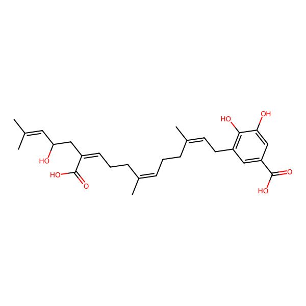 2D Structure of 3-[(2E,6E,10E,13R)-11-carboxy-13-hydroxy-3,7,15-trimethylhexadeca-2,6,10,14-tetraenyl]-4,5-dihydroxybenzoic acid