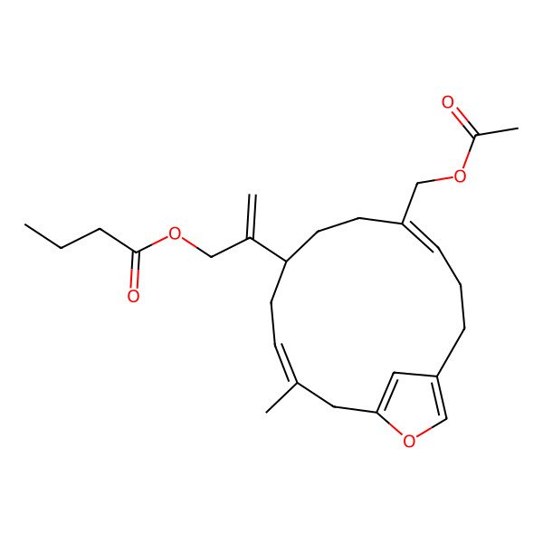 2D Structure of 2-[5-(Acetyloxymethyl)-11-methyl-14-oxabicyclo[11.2.1]hexadeca-1(15),4,10,13(16)-tetraen-8-yl]prop-2-enyl butanoate