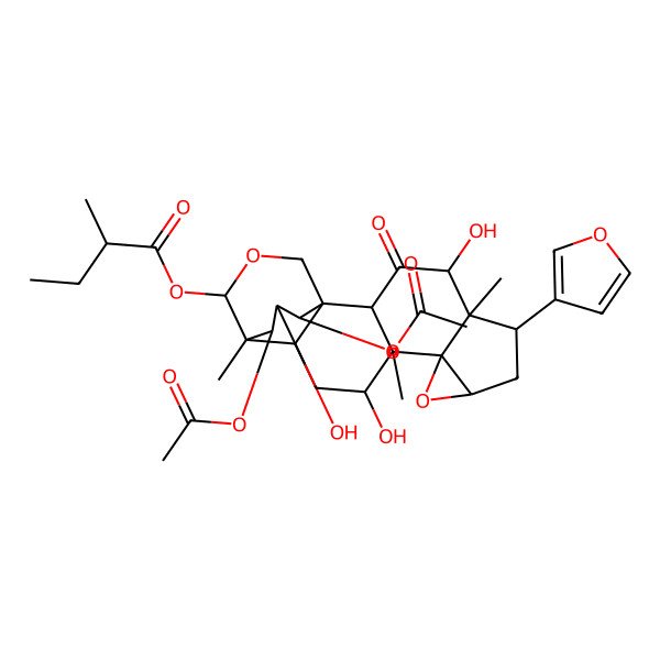 2D Structure of [(1S,2R,4R,5R,6S,8R,10S,11S,12R,14R,15S,19R,20R,21S)-19,21-diacetyloxy-6-(furan-3-yl)-4,12,20-trihydroxy-5,11,15-trimethyl-3-oxo-9,17-dioxahexacyclo[13.3.3.01,14.02,11.05,10.08,10]henicosan-16-yl] 2-methylbutanoate