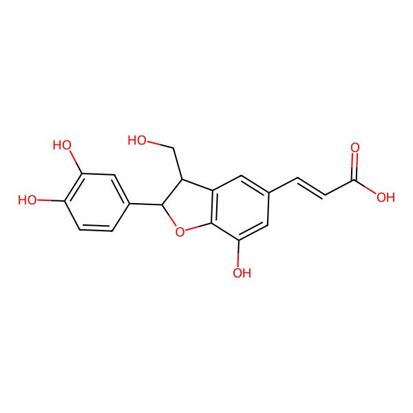 2D Structure of 3-[2-(3,4-Dihydroxyphenyl)-7-hydroxy-3-(hydroxymethyl)-2,3-dihydro-1-benzofuran-5-yl]prop-2-enoic acid
