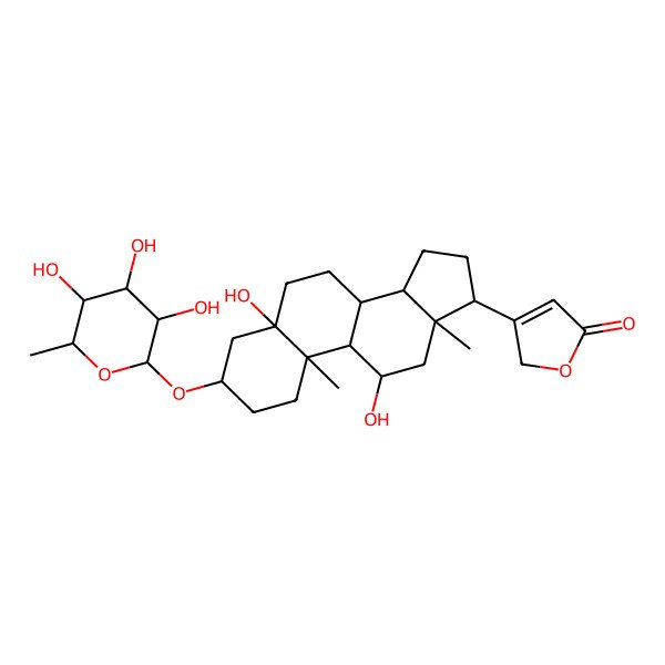 2D Structure of 3-[5,11-dihydroxy-10,13-dimethyl-3-(3,4,5-trihydroxy-6-methyloxan-2-yl)oxy-1,2,3,4,6,7,8,9,11,12,14,15,16,17-tetradecahydrocyclopenta[a]phenanthren-17-yl]-2H-furan-5-one