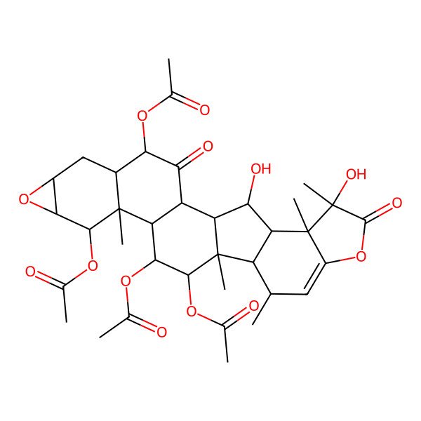 2D Structure of [(1S,2S,4R,5S,7S,9S,10R,11S,12S,13S,14R,15R,16S,17S,22R,23S,25R)-4,10,14-triacetyloxy-22,25-dihydroxy-11,15,17,22,23-pentamethyl-3,21-dioxo-8,20-dioxaheptacyclo[13.10.0.02,12.05,11.07,9.016,24.019,23]pentacos-18-en-13-yl] acetate