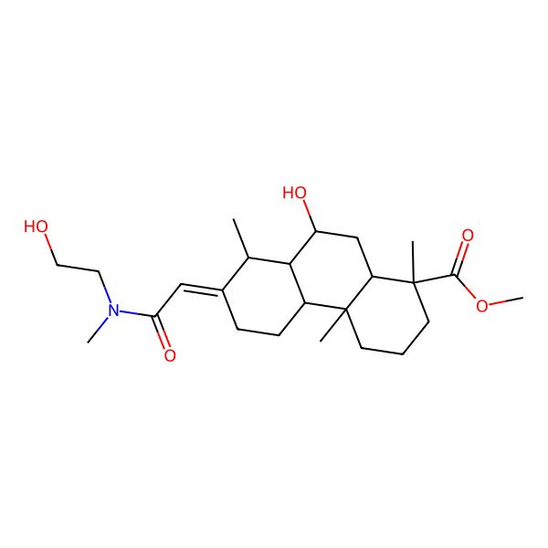 2D Structure of methyl (1S,4aR,4bS,7E,8R,8aR,9S,10aR)-9-hydroxy-7-[2-[2-hydroxyethyl(methyl)amino]-2-oxoethylidene]-1,4a,8-trimethyl-3,4,4b,5,6,8,8a,9,10,10a-decahydro-2H-phenanthrene-1-carboxylate
