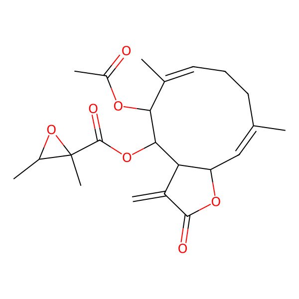 2D Structure of [(3aR,4S,5S,6Z,10Z,11aS)-5-acetyloxy-6,10-dimethyl-3-methylidene-2-oxo-3a,4,5,8,9,11a-hexahydrocyclodeca[b]furan-4-yl] (2R,3R)-2,3-dimethyloxirane-2-carboxylate