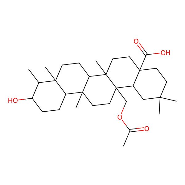 2D Structure of (4aS,6aS,6aR,6bS,8aS,9R,10S,12aS,14aR,14bS)-14a-(acetyloxymethyl)-10-hydroxy-2,2,6a,6a,8a,9-hexamethyl-1,3,4,5,6,6b,7,8,9,10,11,12,12a,13,14,14b-hexadecahydropicene-4a-carboxylic acid
