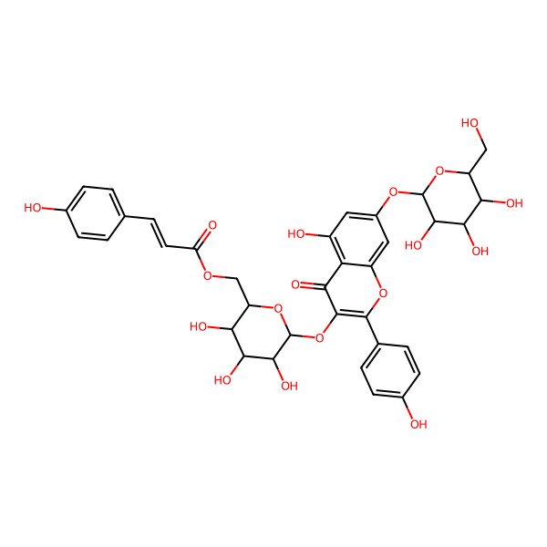 2D Structure of [3,4,5-Trihydroxy-6-[5-hydroxy-2-(4-hydroxyphenyl)-4-oxo-7-[3,4,5-trihydroxy-6-(hydroxymethyl)oxan-2-yl]oxychromen-3-yl]oxyoxan-2-yl]methyl 3-(4-hydroxyphenyl)prop-2-enoate