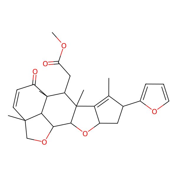 2D Structure of Methyl 2-[6-(furan-2-yl)-7,9,11,15-tetramethyl-12-oxo-3,17-dioxapentacyclo[9.6.1.02,9.04,8.015,18]octadeca-7,13-dien-10-yl]acetate