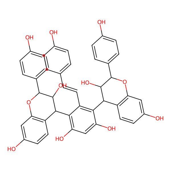 2D Structure of 4-[3-[3,7-dihydroxy-2-(4-hydroxyphenyl)-3,4-dihydro-2H-chromen-4-yl]-4,6-dihydroxy-2-[2-(4-hydroxyphenyl)ethenyl]phenyl]-2-(4-hydroxyphenyl)-3,4-dihydro-2H-chromene-3,7-diol