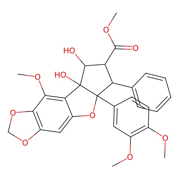 2D Structure of methyl (10S,11R,12R,13S,14R)-14-(3,4-dimethoxyphenyl)-10,11-dihydroxy-8-methoxy-13-phenyl-4,6,15-trioxatetracyclo[7.6.0.03,7.010,14]pentadeca-1,3(7),8-triene-12-carboxylate
