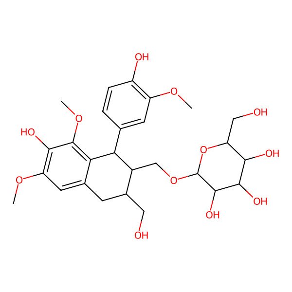 2D Structure of (2R,3R,4S,5S,6R)-2-[[(1S,2S,3R)-7-hydroxy-1-(4-hydroxy-3-methoxyphenyl)-3-(hydroxymethyl)-6,8-dimethoxy-1,2,3,4-tetrahydronaphthalen-2-yl]methoxy]-6-(hydroxymethyl)oxane-3,4,5-triol