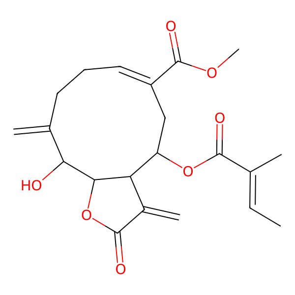 2D Structure of methyl (3aR,4R,6E,11S,11aS)-11-hydroxy-4-[(Z)-2-methylbut-2-enoyl]oxy-3,10-dimethylidene-2-oxo-4,5,8,9,11,11a-hexahydro-3aH-cyclodeca[b]furan-6-carboxylate