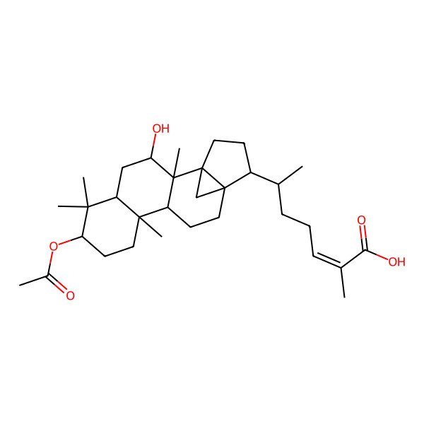 2D Structure of (E,6S)-6-[(1S,2R,3R,5R,7R,10S,11R,14R,15S)-7-acetyloxy-3-hydroxy-2,6,6,10-tetramethyl-15-pentacyclo[12.3.1.01,14.02,11.05,10]octadecanyl]-2-methylhept-2-enoic acid