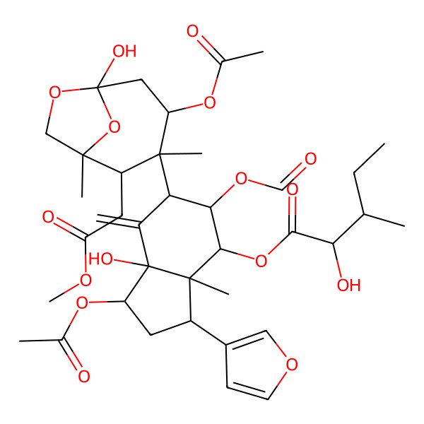 2D Structure of [1-Acetyloxy-6-[4-acetyloxy-6-hydroxy-2-(2-methoxy-2-oxoethyl)-1,3-dimethyl-7,9-dioxabicyclo[4.2.1]nonan-3-yl]-5-formyloxy-3-(furan-3-yl)-7a-hydroxy-3a-methyl-7-methylidene-1,2,3,4,5,6-hexahydroinden-4-yl] 2-hydroxy-3-methylpentanoate
