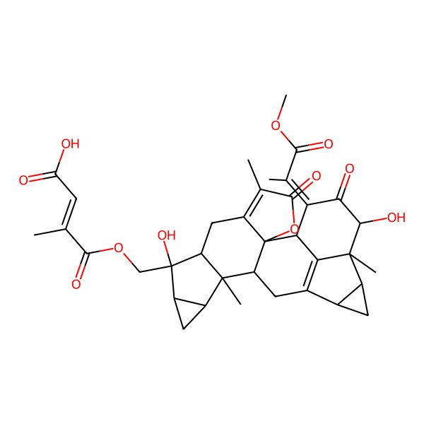 2D Structure of (E)-4-[[(1R,2S,8R,9S,10S,12R,13R,14S,17S,19R,20S,21R,23E)-9,21-dihydroxy-23-(1-methoxy-1-oxopropan-2-ylidene)-5,13,20-trimethyl-4,22-dioxo-3-oxaoctacyclo[14.7.1.02,6.02,14.08,13.010,12.017,19.020,24]tetracosa-5,16(24)-dien-9-yl]methoxy]-3-methyl-4-oxobut-2-enoic acid
