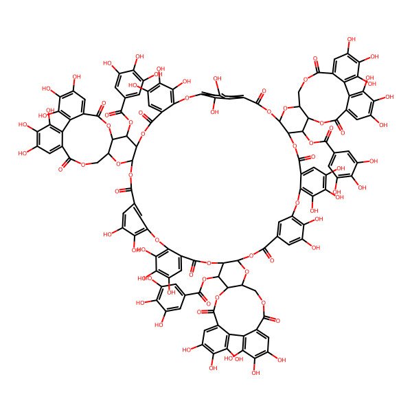 2D Structure of [(4S,4aR,24R,26S,43S,63R,65S,84R)-9a,10a,11a,12,13,14,15a,17,18,18a,19,31,32,33,37,38,51,52,53,56,57,58,70,71,72,76,77,90,91,92,95,96,97-tritriacontahydroxy-a,2,6a,9,22,28,41,48,61,67,80,87-dodecaoxo-3a,64-bis[(3,4,5-trihydroxybenzoyl)oxy]-1a,3,5,5a,8,13a,23,27,35,42,44,47,62,66,74,81,83,86-octadecaoxanonadecacyclo[112.2.2.136,40.175,79.04,26.06,24.010,15.016,21.029,34.043,65.045,63.049,54.055,60.068,73.082,104.084,102.088,93.094,99.0107,112]icosahecta-1(16a),7a(8a),9a(10a),10,11a(12a),12,14,14a(15a),16,17a(18a),18,19a(75),20,20a(36),29,31,33,37,39,49,51,53,55,57,59,68,70,72,76,78,88,90,92,94,96,98-hexatriacontaen-25-yl] 3,4,5-trihydroxybenzoate