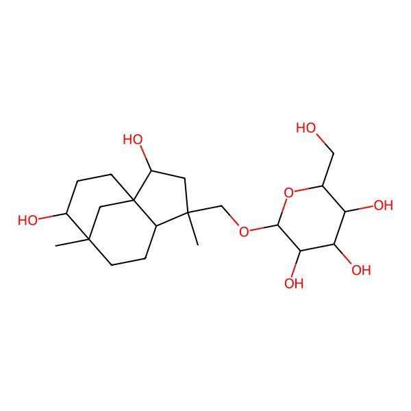 2D Structure of (2R,3R,4S,5S,6R)-2-[[(1R,2R,4S,5R,8S,9S)-2,9-dihydroxy-4,8-dimethyl-4-tricyclo[6.3.1.01,5]dodecanyl]methoxy]-6-(hydroxymethyl)oxane-3,4,5-triol