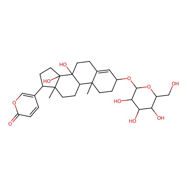 2D Structure of 5-[8,14-dihydroxy-10,13-dimethyl-3-[3,4,5-trihydroxy-6-(hydroxymethyl)oxan-2-yl]oxy-2,3,6,7,9,11,12,15,16,17-decahydro-1H-cyclopenta[a]phenanthren-17-yl]pyran-2-one